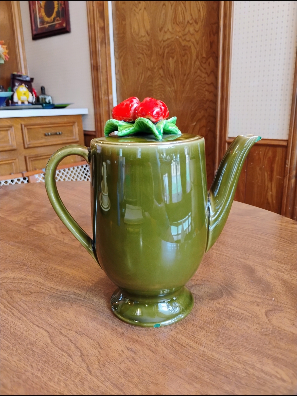 Vintage Tilso Olive Green Ceramic Teapot With Wild Strawberries At Top. Japan